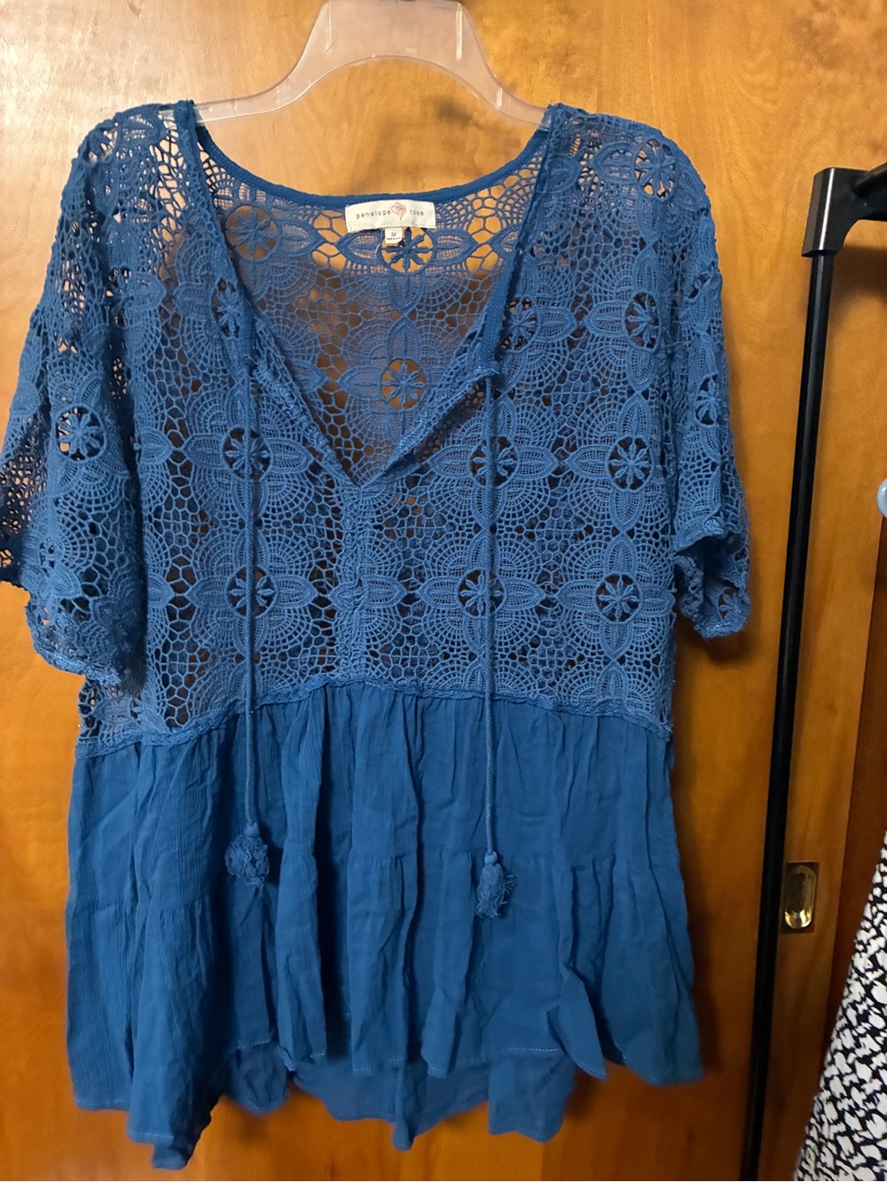 Penelope Rose Boho Crochet lace V-Neck Peasant Top blue 2X